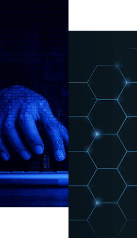 A hand typing on a keyboard with binary code overlay on the left; blue hexagonal patterns against a dark background on the right—highlighting Radiant Logic Professional Services: The Support You Need to Succeed.